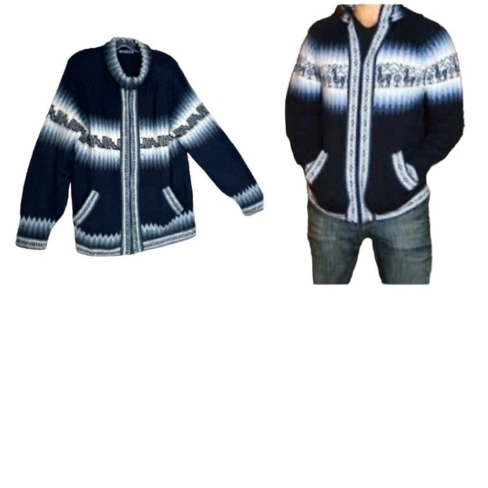 YUSUTEX Peru Alpaca Wool Artisan Zip Cardigan Sweater Jacket Soft‎ Warm Blue L